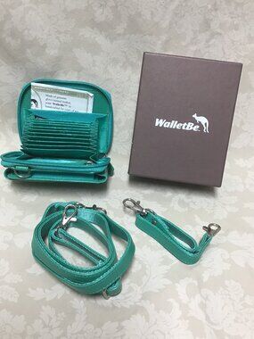 Vintage WALLETBE Teal Green Leather Crossbody Wallet Zip Around Wristlet NIB